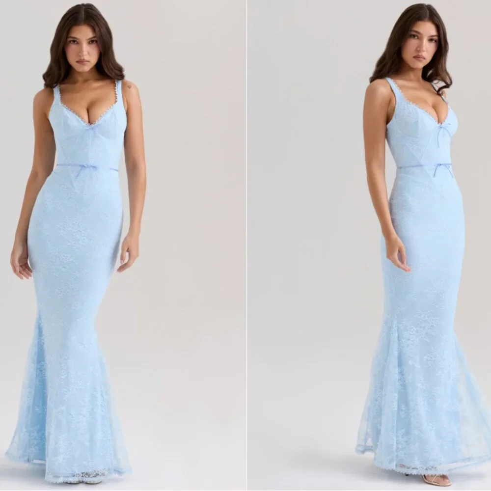 HOUSE OF CB 'Sarai' Blue Lace Godet Maxi Dress NWOT